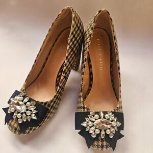 Kelly & Katie Camerlona Heels, Plaid, Crystal Embellished with Bow, Navy, Size 8